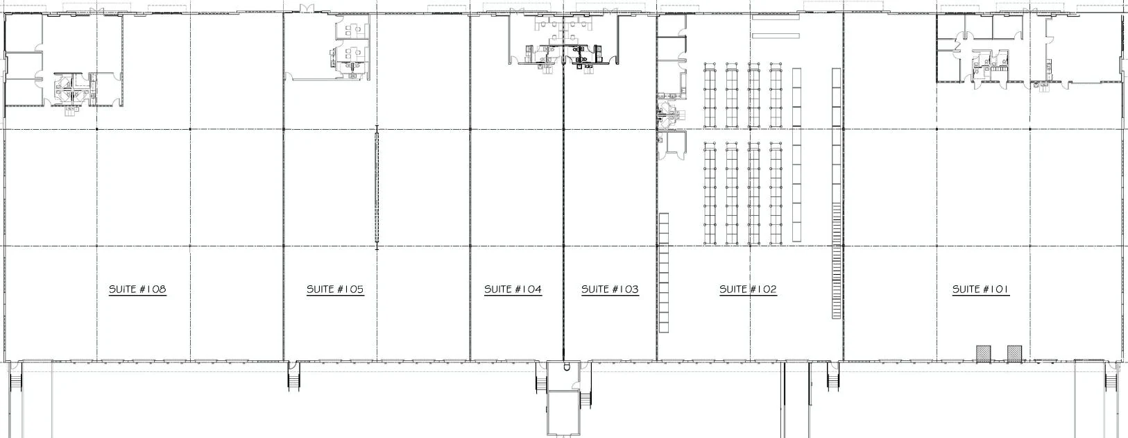 Building 1 floor plan showing Suites 101 through 108